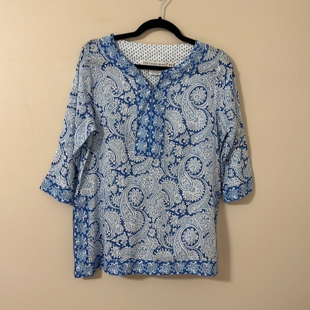 Gretchen Scott Designs Blue & White Paisley Greek Mosaic Tunic Size Medium